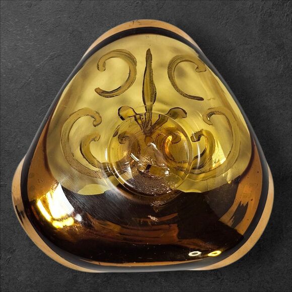 Murano Style Amber Glass Triangle Dish Gold Gilt Hand Painted Flower Trinket MCM - Picture 3 of 5